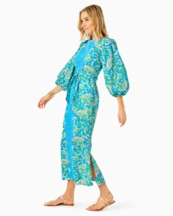 Barbara 3/4 Sleeve Cotton Maxi Dress -Lilly Pulitzer Shop 013135 cumulusbluechickmagnetengineeredwovendress a2 sf