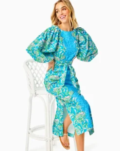 Barbara 3/4 Sleeve Cotton Maxi Dress -Lilly Pulitzer Shop 013135 cumulusbluechickmagnetengineeredwovendress a3 sf