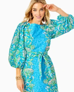 Barbara 3/4 Sleeve Cotton Maxi Dress -Lilly Pulitzer Shop 013135 cumulusbluechickmagnetengineeredwovendress a4 sf