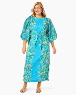 Barbara 3/4 Sleeve Cotton Maxi Dress -Lilly Pulitzer Shop 013135 cumulusbluechickmagnetengineeredwovendress a5 sf