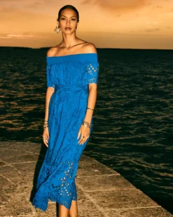 Isbell Off-The-Shoulder Eyelet Midi Dress -Lilly Pulitzer Shop 013661 bluegrottosoireeeyelet campaigntest sf