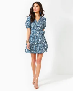 Alexandria Elbow Sleeve Cotton Wrap Dress -Lilly Pulitzer Shop 013738 aegeannavybeachpath a3 sf