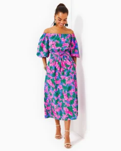 Shawnlee Elbow Sleeve Off-The-Shoulder Cotton Midi Dress -Lilly Pulitzer Shop 013832 cerisepinksafarisunset a3 sf