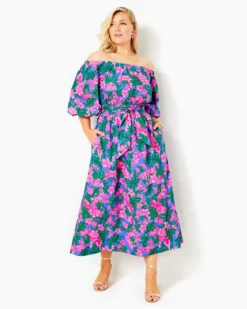 Shawnlee Elbow Sleeve Off-The-Shoulder Cotton Midi Dress -Lilly Pulitzer Shop 013832 cerisepinksafarisunset a5 sf