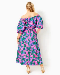 Shawnlee Elbow Sleeve Off-The-Shoulder Cotton Midi Dress -Lilly Pulitzer Shop 013832 cerisepinksafarisunset a6 sf